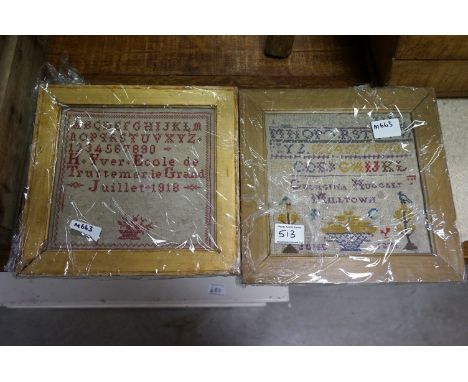 A 19th century framed and glazed sampler dated 1876 and one other 1918. 
