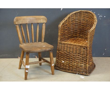 Elm Seated and Stick Back Child's Chair together with a Wicker Tub Child's Chair 