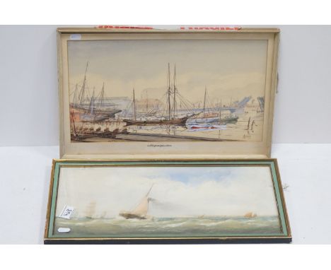Watercolour of Sailing Ships in Dock titled ' Slipway, Adelaide ' signed lower right J Fudgate 44, 25cms x 45cms together wit