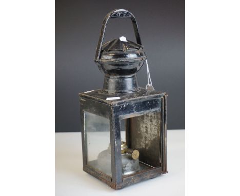 BR (E) (British Rail) Railway Fireman's Lamp, with burner , 1940's (one pane of glass missing), 34cms high (to top of handle)
