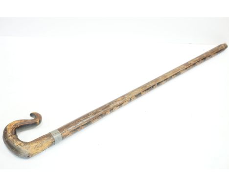 Early 20th century Black Forest Pine Walking Stick with Shepherd Crook Handle 