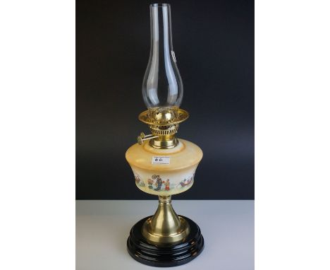 Late 19th / Early 20th century Brass Oil Lamp with a yellow glazed ceramic well decorated with scenes of Japanese figures and