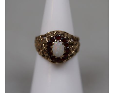 9ct gold opal and ruby set ring - Size M 