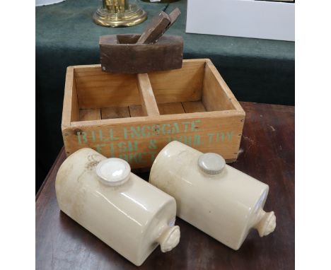 Wooden trug with 2 salt glazed hot water bottles and a wood plane 