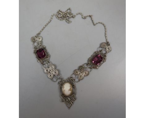 Silver filigree vintage necklace with amethyst and cameo 