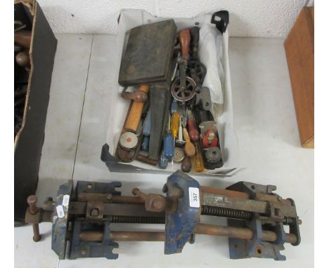 Collection of tools together with 2 bench vices 