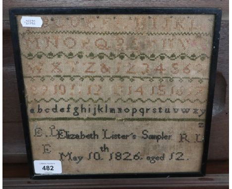 Small 1826 Regency sampler by Elizabeth Lister aged 12 - Approx image size: 23cm x 22cm 