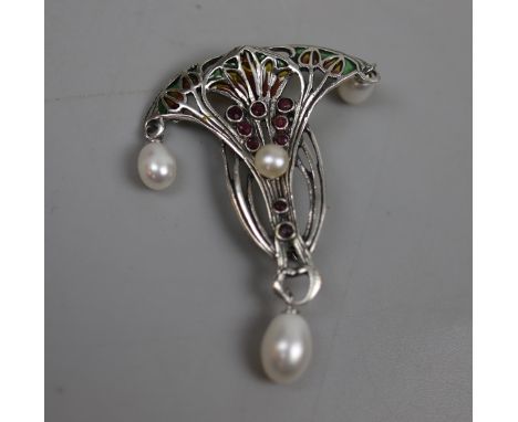 Silver enamel ruby and pearl set pendant 