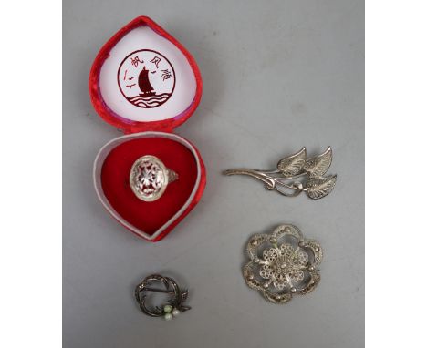 3 vintage silver brooches together with a silver ring 