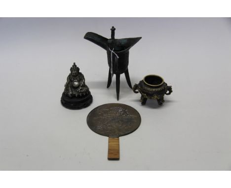 A mixed group of Chinese metalware, comprising: an archaistic style jue, 19.5cm high; a hand mirror; a twin handled tripod ce