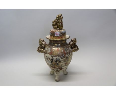 A Japanese Satsuma pottery twin handled tripod koro and cover, 47cm high.