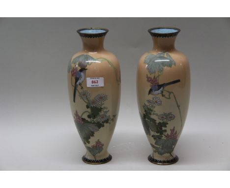 A pair of Japanese cloisonne enamel vases, 31.5cm high. (2)   Condition Report:  Possibly hairline crack below surface to bod