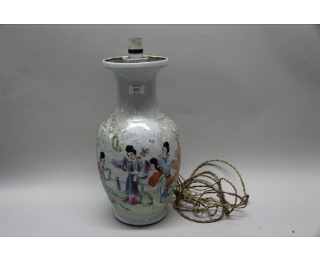 A Chinese famille rose vase form lamp, four character mark to base, 42.5cm high, (a.f.)