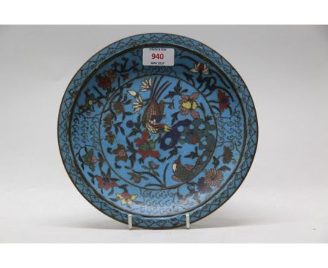 A Chinese cloisonne enamel dish, probably Ming, 23.5cm diameter. Condition Report: Generally good. Some typical pitting. Mino