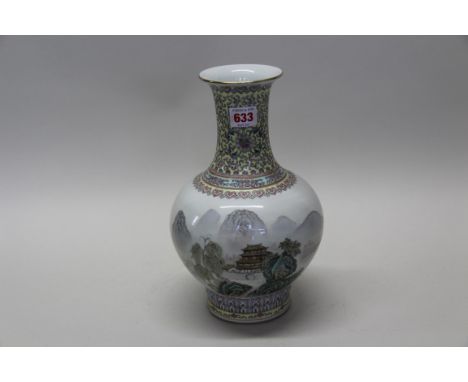 A Chinese famille rose vase, seal mark to base, probably Republic period, painted with a continuous landscape and a poem, 29c