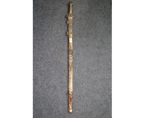 A Chinese sword and silver plated scabbard, with cabochon mounts, total length 101cm.