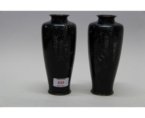 A good pair of Japanese cloisonne enamel vases, in the style of Hayashi Kodenji, each finely decorated with a pair of birds i