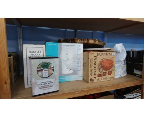 Shelf of assorted, including fans etc.