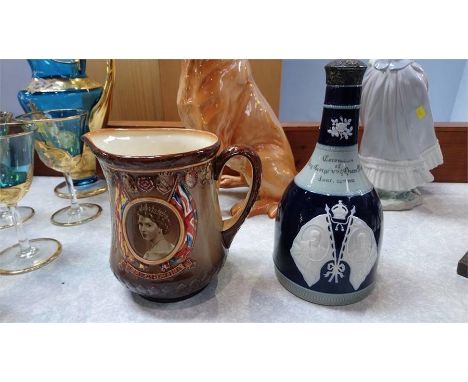 Royal Doulton commemorative jug and a Copeland flask