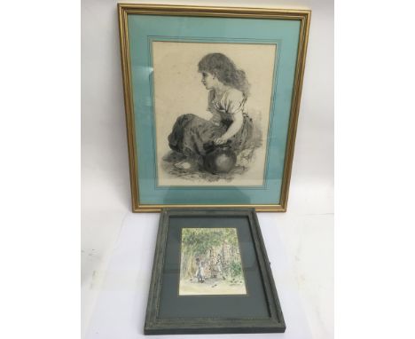 A framed pencil sketch of a girl, signed G.D Jones, '09, and a Edwardian style watercolour 'Conkers', signed AA Preston - NO 