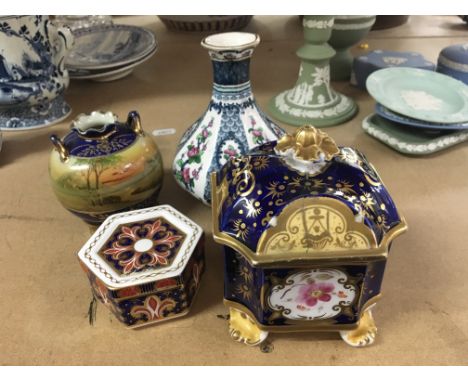 A 19thC porcelain inkwell ( af and restoration) a Crown Derby trinket box, Noritake vase etc.