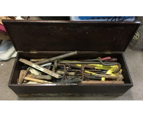 A large wooden toolbox and contents - NO RESERVE