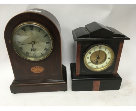 An Edwardian inlaid mantle clock and additional Victorian black slate mantle clock - NO RESERVE