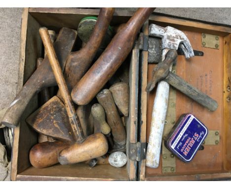 Plumbers box containing wooden tools for lead beating and shaping - NO RESERVE
