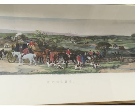 A set of four framed prints with horse drawn coaches and hunting scenes after the original paintings by W J Shayer Spring Sum
