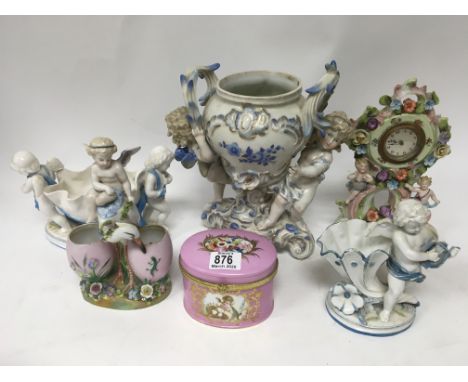 6 European porcelain pieces including a Limoges trinket box, porcelain mantle clock - NO RESERVE