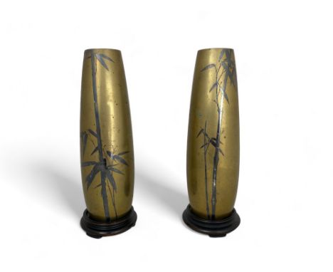 A pair of late 19th century Meiji period bronze and damascene silver vases, Japan, Kyoto, possibly by Mitsunobu, Kuroda studi