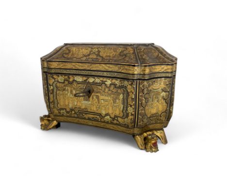 A mid 19th century Chinese export lacquer tea caddy
Of shaped sarcophagus form, decorated with chinoiseries, the hinged lid e