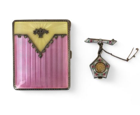A vintage Lotos lady's silver enamel lapel watch and an Art Deco silver, enamel and marcasite cigarette case The watch decora