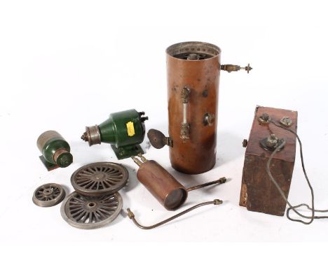 Copper model of a live steam boiler, 19cm tall, a Miller of England 6 volt dynamo, a Lucas model C25 H-O dynamo, etc. 