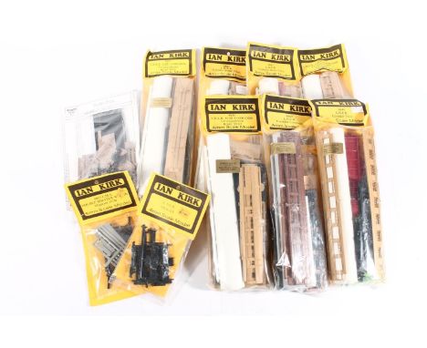 OO gauge model railway model kits to include:  Ian Kirk 8809 LMS double bolster wagon, 8841 LNER corridor brake third coach x