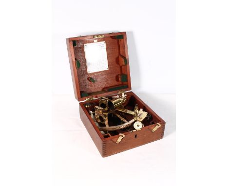 Henry Hughes &amp; Son Ltd of London Admiralty issued brass sextant 'Patt 491' stamped '42491' and broad arrow mark, in mahog
