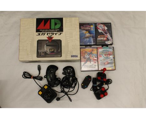 Sega Megadrive Japanese imports boxed games to include Rolling Thunder 2, Galaxy Force II and two others, also two controller
