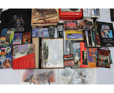 Star Wars themed collectibles to include a complete set of Walkers Tazos 1996, books, Kenner Darth Vader 1997 carded, Parker 