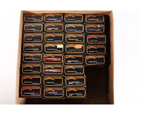 Twenty-nine Mainline OO gauge model railways rolling stock wagons and vans to include 37175 Bass plank wagon, 37131 Ellis &am