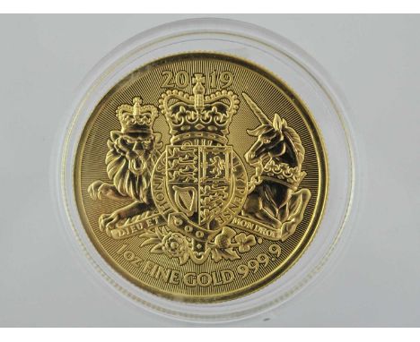 Elizabeth II, Gold £100 (1oz) The Royal Arms 2019, obv. Clark portrait of the Queen, rev. Sewell and Noad's interpretation of