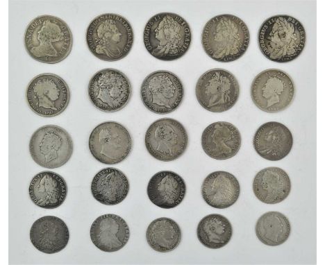 ♦A Collection of 25 x Pre-Victorian Shillings and Sixpences, comprising: 13 x shillings: Anne 1707E* second draped bust Fair,