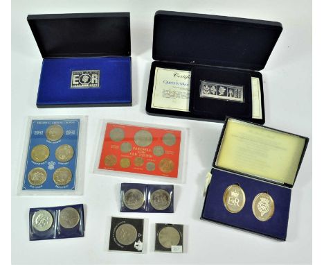 Mixed Lot, comprising: The Queen's Silver Jubilee Tour silver proof ingot, obv. portrait of the Queen flanked by emblems of t