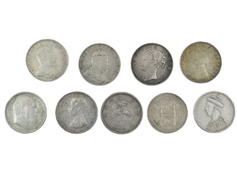 ♦9 x Far Eastern Silver Coins comprising: Straits Settlements 50 cents 1905 obv. crowned bust of Edward VII, wt. 13.63g, .800