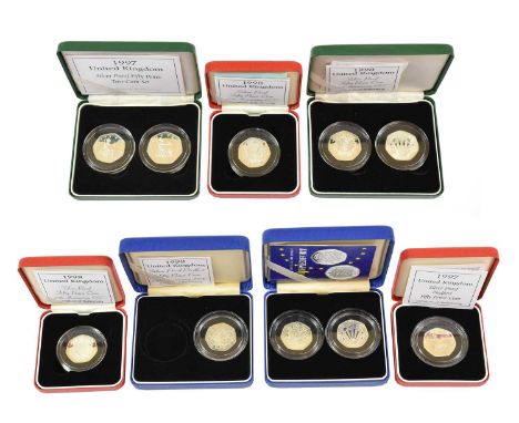 4 x Elizabeth II, Silver Proof Piedfort 50p, comprising: 1997 'New, Smaller 50p', and 1998(x3) including 2 x '25th Anniversar