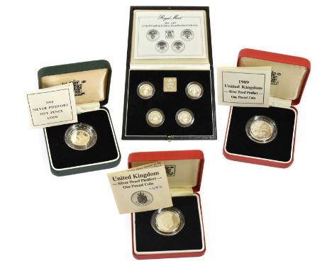 UK £1 Silver Proof Piedfort Collection 1984-1987, 4-coin set comprising: 1984 'Northern Ireland Flax', 1985 'Welsh Leek', 198