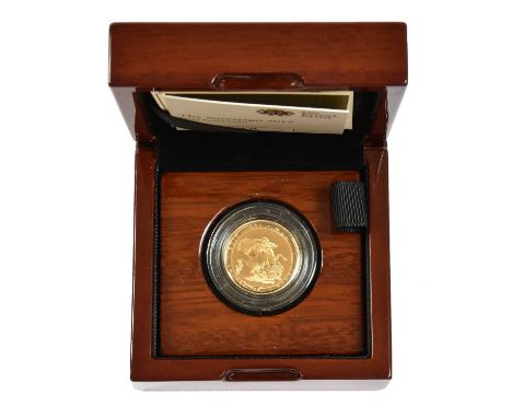 Elizabeth II, Proof Sovereign 2017, 'Bicentenary of the Sovereign', obv. Clark portrait of the Queen, rev. Pistrucci's origin