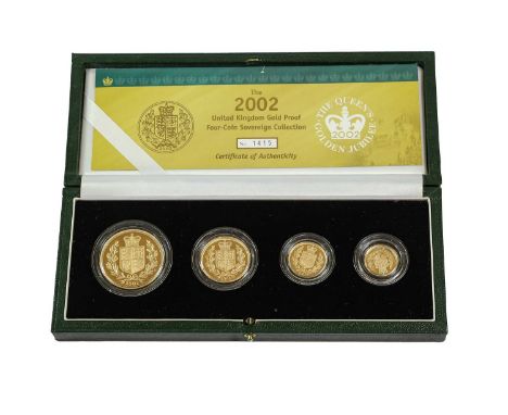 Elizabeth II, Gold Proof Four-Coin Set 2002, 'The Queen's Golden Jubilee', comprising: £5, £2, sovereign and half sovereign, 