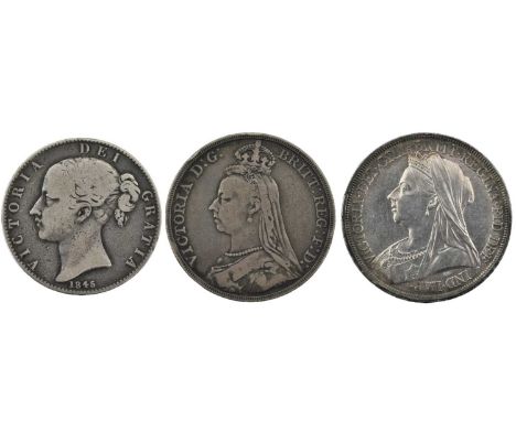 3 x Victoria Crowns including: 'Young Head' 1845, rev. crowned shield, regnal year VIII and cinquefoil stops on edge, S.3882,