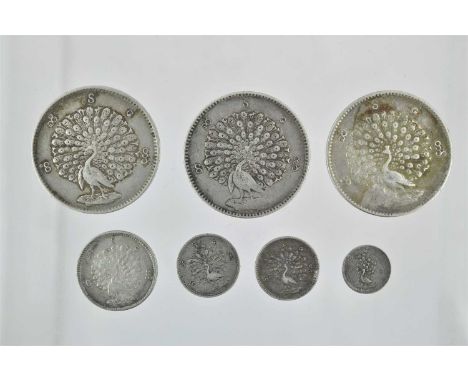 ♦7 x Kingdom of Burma, Silver ‘Peacock’ Coins, all with Burmese era date CS1214 (1852AD) &amp; comprising 3 x 1 kyat (rupee) 