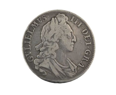 William III, Crown 1696, obv. first draped bust right, curved breast plate, rev. crowned cruciform shield, first harp, edge i